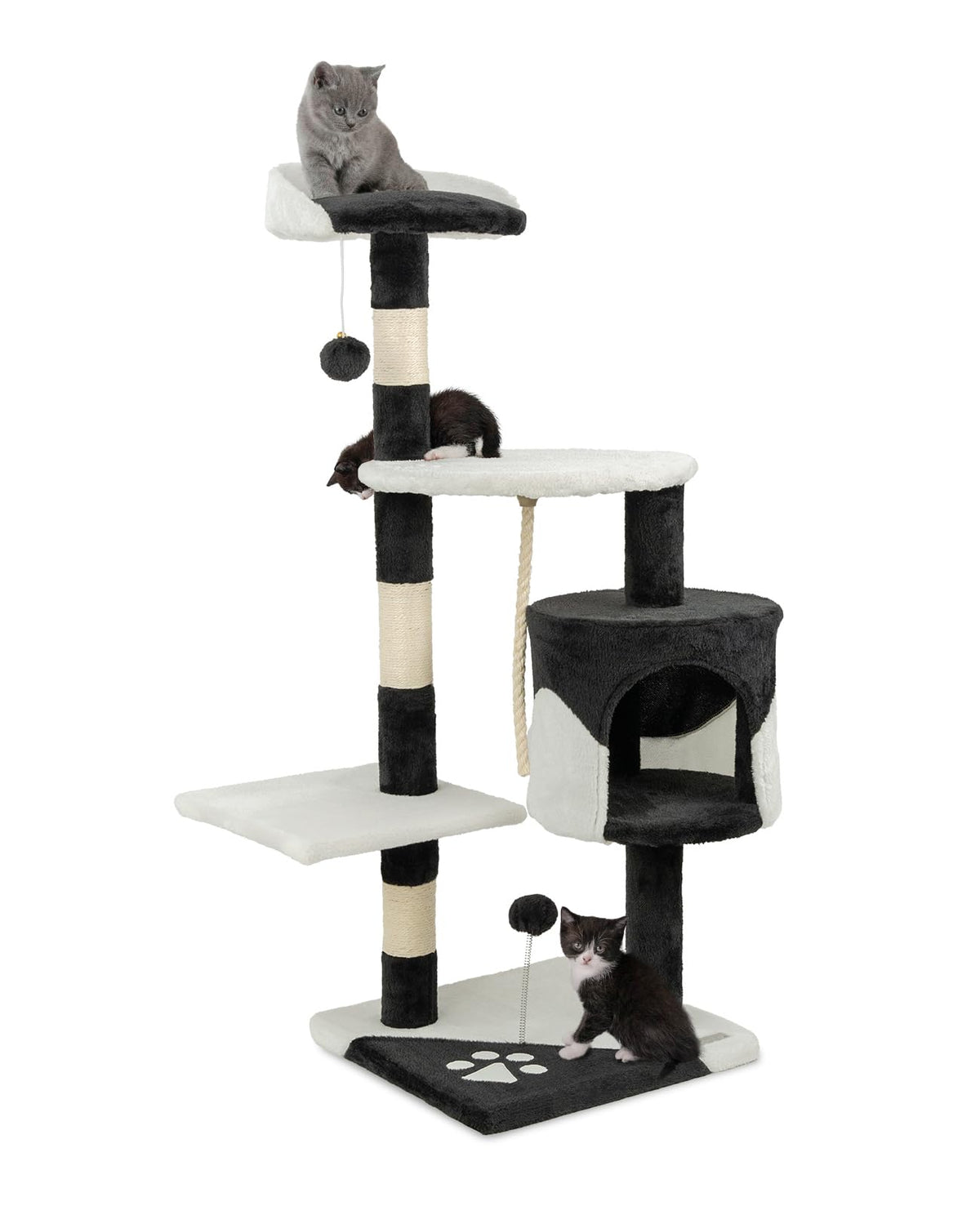 lionto Scratching tree for cats with 2 plush balls & play rope, height 112 cm, cat tree with sisal rope & plush, cozy lying area & cave, incl. wall mount, for small & large cats, black/white