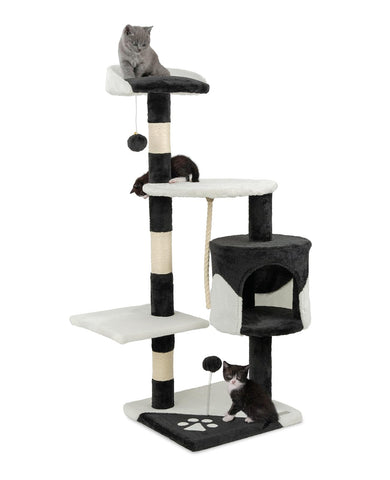 lionto Scratching tree for cats with 2 plush balls & play rope, height 112 cm, cat tree with sisal rope & plush, cozy lying area & cave, incl. wall mount, for small & large cats, black/white