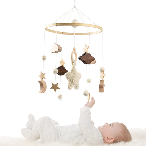 Baby Crib Mobile, Baby Bed Mobile Wind Chime with Clouds Moon Stars Felt Ball,Baby Cot Mobile, Handmade Wood Crochet Mobile, Infant Cot Toy, Nursery Bed Bell Hanging Decor, Newborn Boys and Girls Gift