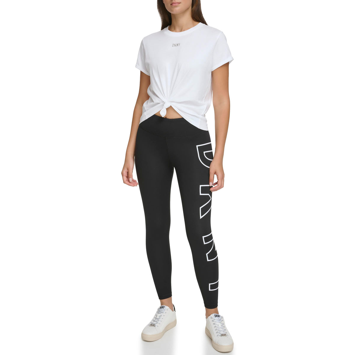 DKNY SPORT Women's High Waist 7/8 Length Exploding Logo Legging, White, M