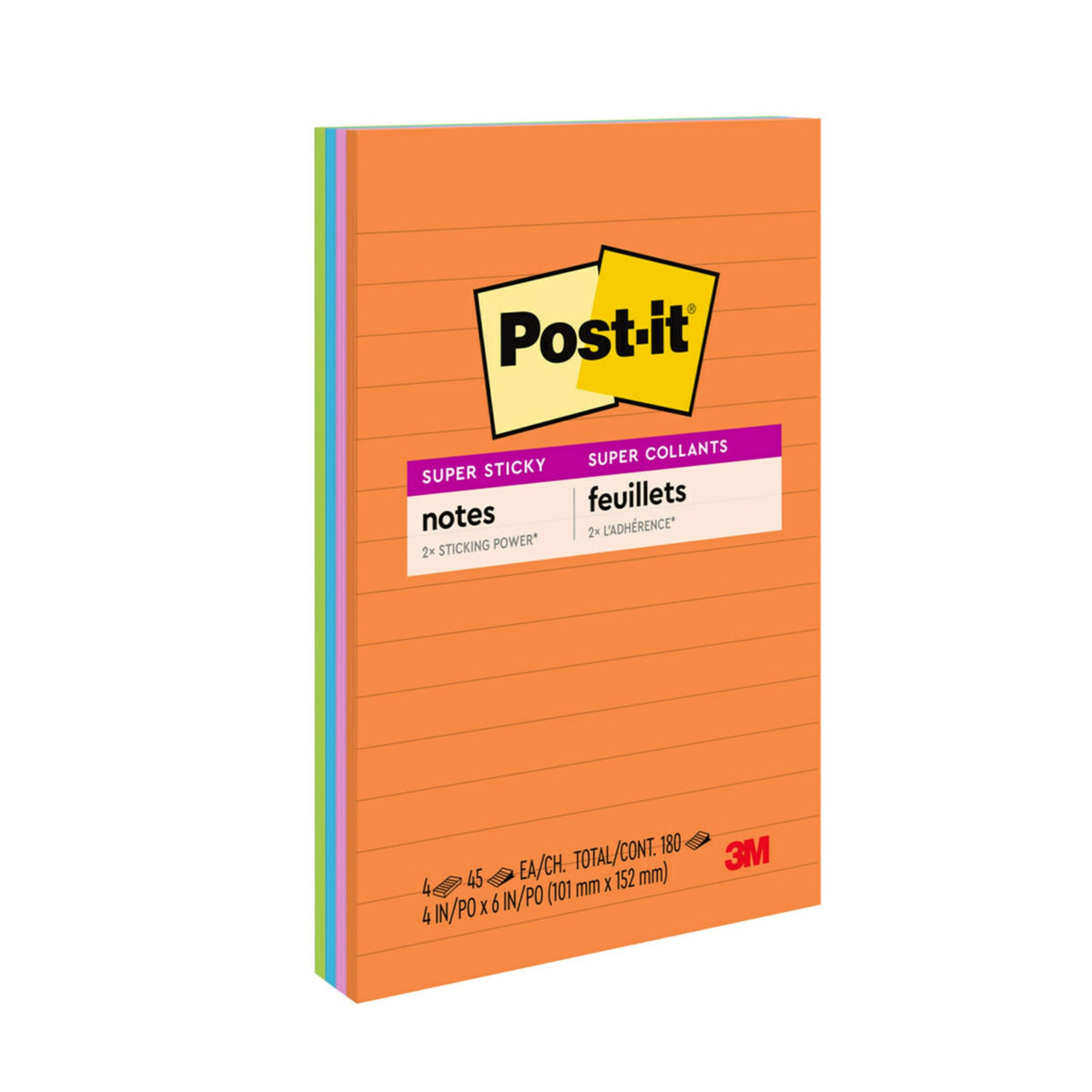 Post-it Super Sticky Lined Notes, 4 Sticky Note Pads, 4 x 6 in., School Supplies, Office Products, Sticky Notes for Vertical Surfaces, Monitors, Walls and Windows, Energy Boost Collection