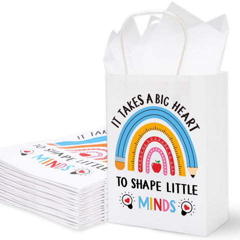 Whaline 24Pcs Teacher Appreciation Kraft Paper Bags with 30 Sheet Tissue Paper Thank You Teacher Gift Bags with Handles Candy Treat Bags for Teachers' Day Back to School Party Favors Supplies