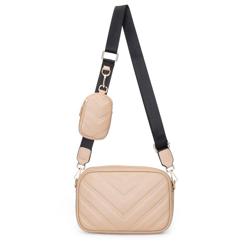 Herald Chevron Quilted Small Crossbody Bag with Coin Purse Pouch Women Square Snapshot Camera Side Shoulder 2 Size Handbag (Khaki)