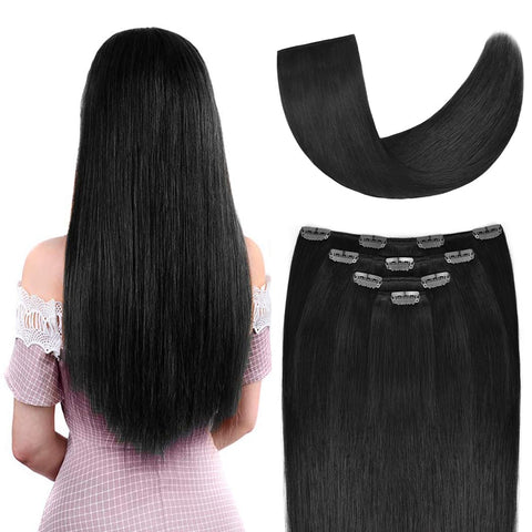 16" Clip in Hair Extensions Real Human Hair for Women - Silky Straight Jet Black Human Hair Clip on 55grams 4pieces #1 Color