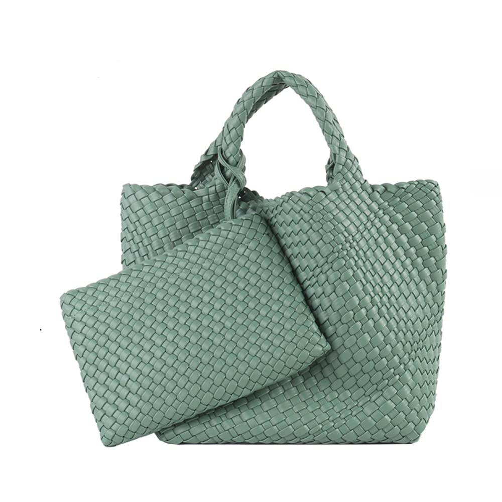 Woven Tote Bag, Women Macaron Soft Leather Weave Handbag Purse Wrist Bag Large Capacity Work Shopping Travel Daily (Green)