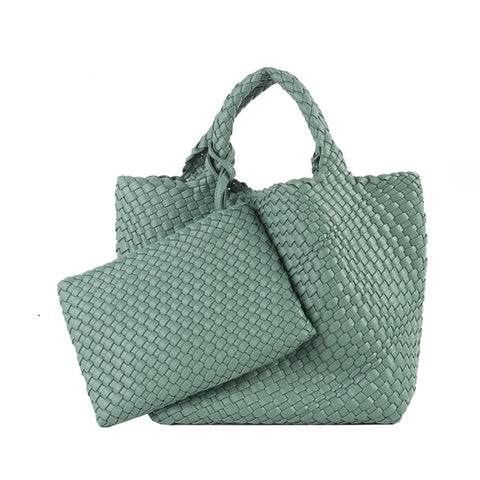 Woven Tote Bag, Women Macaron Soft Leather Weave Handbag Purse Wrist Bag Large Capacity Work Shopping Travel Daily (Green)
