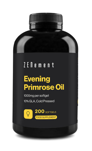 Evening Primrose Oil, 1000mg per softgel, 10% GLA, Cold Pressed, 200 Softgels | Good for Women's Health, Menstrual Symptoms and to Help Maintain Healthy Skin and Bones | Zenement