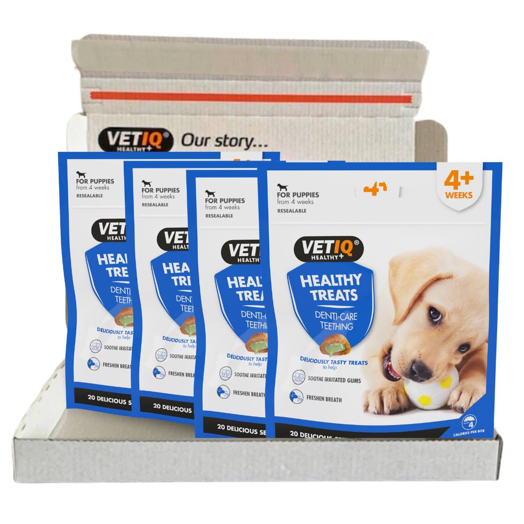 VetIQ Healthy Treats Teething, 4x 50g, Natural Dog Treats, Puppy Treats for Healthy Teeth, No Artificial Colours/Sugar, Omega-3 Fatty Acids, Clove Oil, Chamomile & Peppermint Extracts For Fresh Breath