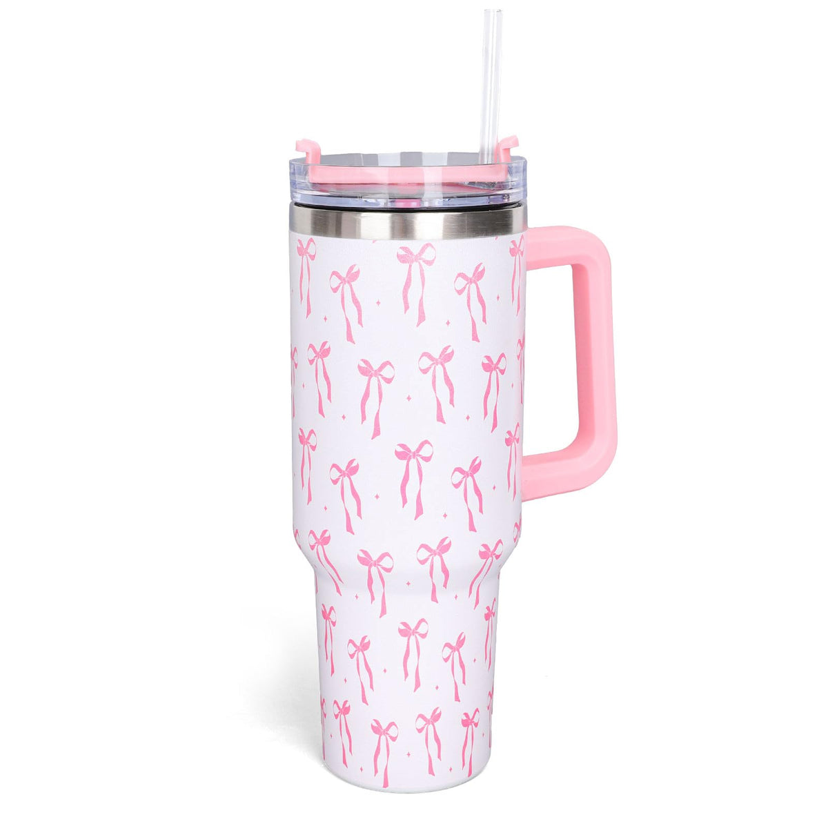 Whaline 40oz Pink Bow Tumbler with Handle Straw and Lid Bow-Knot Travel Coffee Tumbler Cup for Women Friend Holiday Birthday Gift