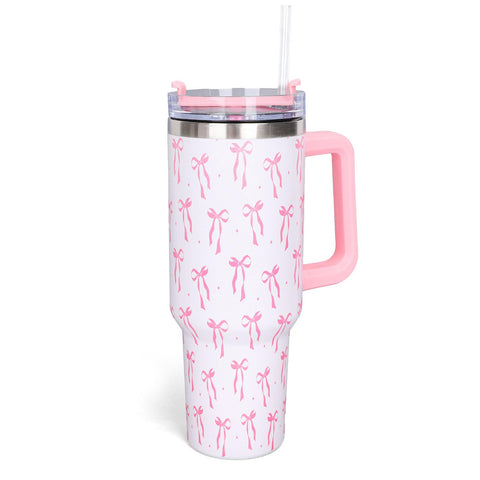 Whaline 40oz Pink Bow Tumbler with Handle Straw and Lid Bow-Knot Travel Coffee Tumbler Cup for Women Friend Holiday Birthday Gift