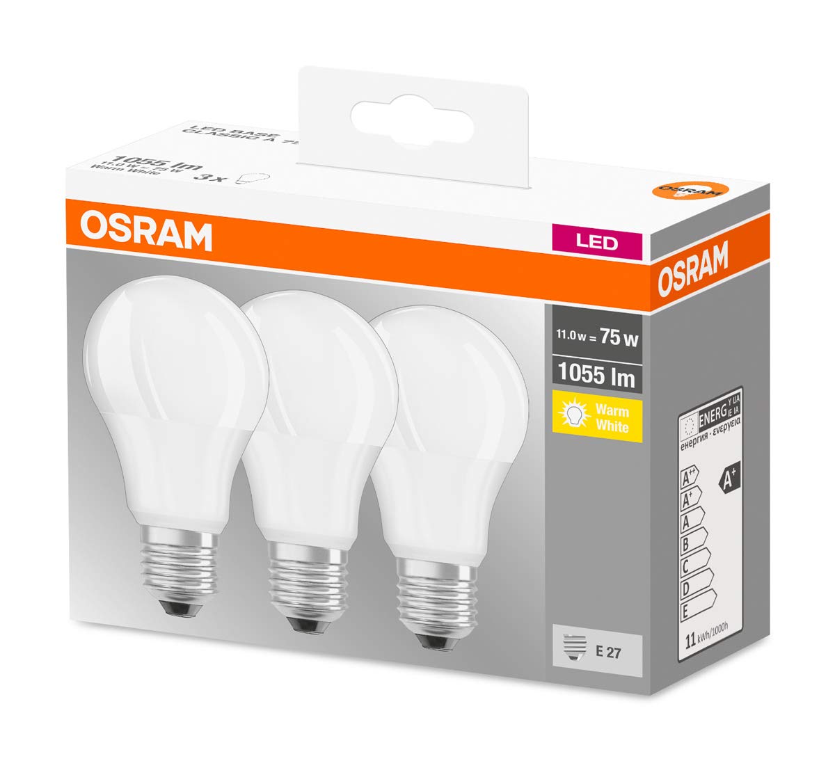 OSRAM LED BASE CLASSIC A / LED lamp, classic bulb shape: E27, 9 W, 220â€¦240 V, 75 W replacement, frosted, Beam angle: 150 Â°, Warm White, 2700 K, 3pack