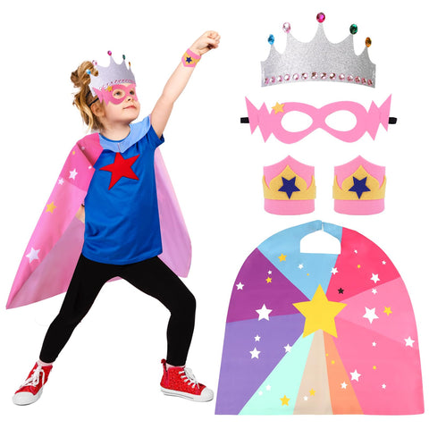 XEPST Superhero Cape for Kids, 5pcs Superhero Costume Set with Superhero Eye Mask and Cape Crown Wristbands Perfect for Halloween Carnival Cosplay Fancy Dress Up Accessories for Kids 4-10 Years, Girl