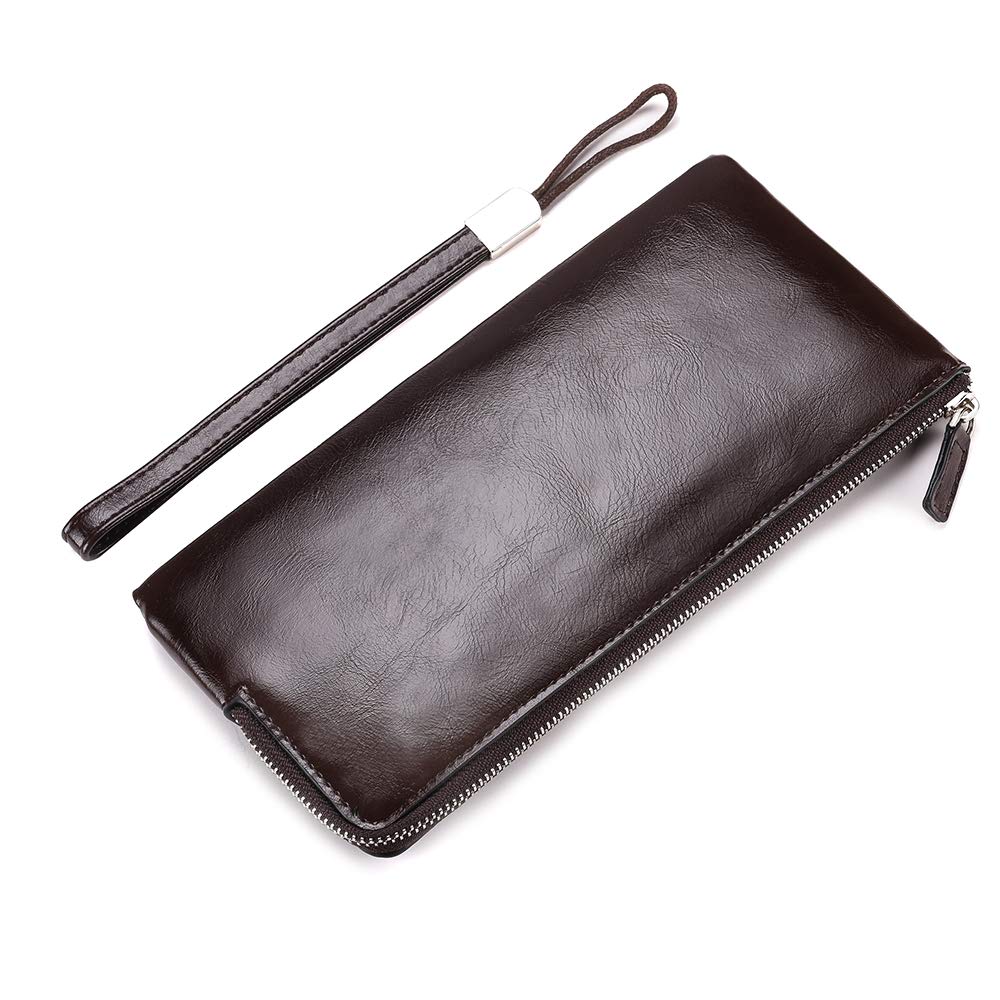 Weyoo Minimalist Leather Wallets for Men Long Bifold Wallet Zip Around Clutch Travel Purse for Checkbook, Smartphone, Cash (Coffee)
