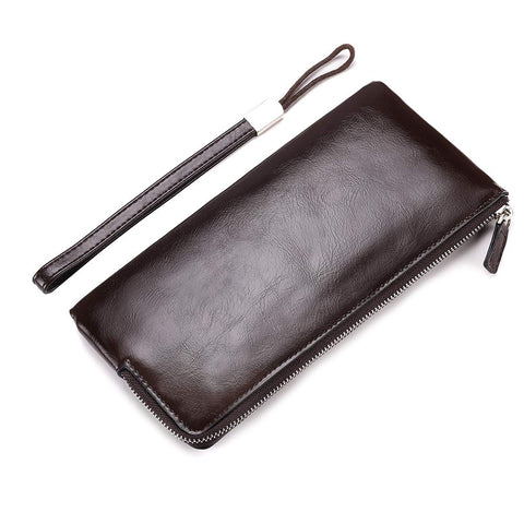 Weyoo Minimalist Leather Wallets for Men Long Bifold Wallet Zip Around Clutch Travel Purse for Checkbook, Smartphone, Cash (Coffee)