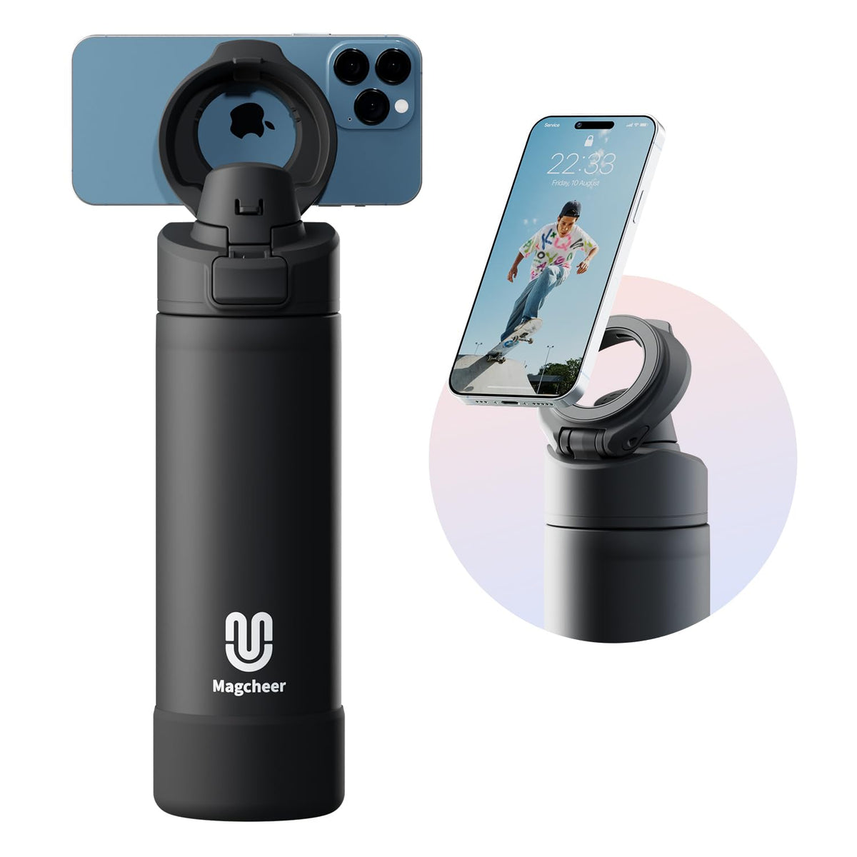 Magcheer Insulated Magnetic Water Bottle - Reusable Stainless Steel Bottle with MagSafe Compatible Phone Holder - Keeps Cold for 24 Hours - Perfect for Gym, Sports, and Travel - Black 24oz