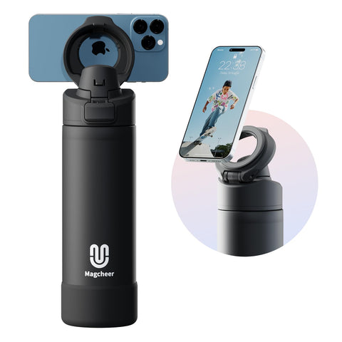 Magcheer Insulated Magnetic Water Bottle - Reusable Stainless Steel Bottle with MagSafe Compatible Phone Holder - Keeps Cold for 24 Hours - Perfect for Gym, Sports, and Travel - Black 24oz