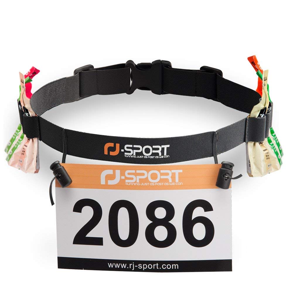 Triathlon Race Number Belt, Running Strap with Numbers &amp; 6 Gel Holders for Jogging, Cycling, Marathons, RJTRNB-DE-001, Black