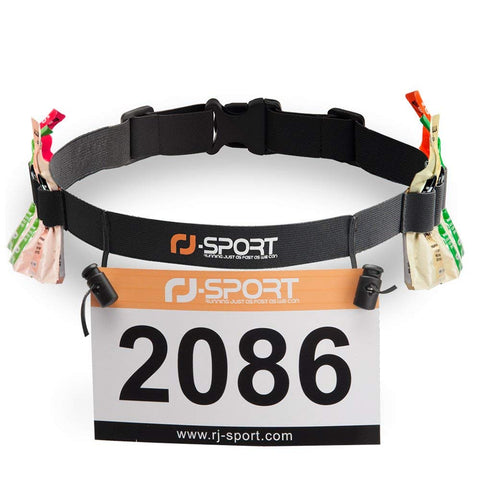 Triathlon Race Number Belt, Running Strap with Numbers &amp; 6 Gel Holders for Jogging, Cycling, Marathons, RJTRNB-DE-001, Black