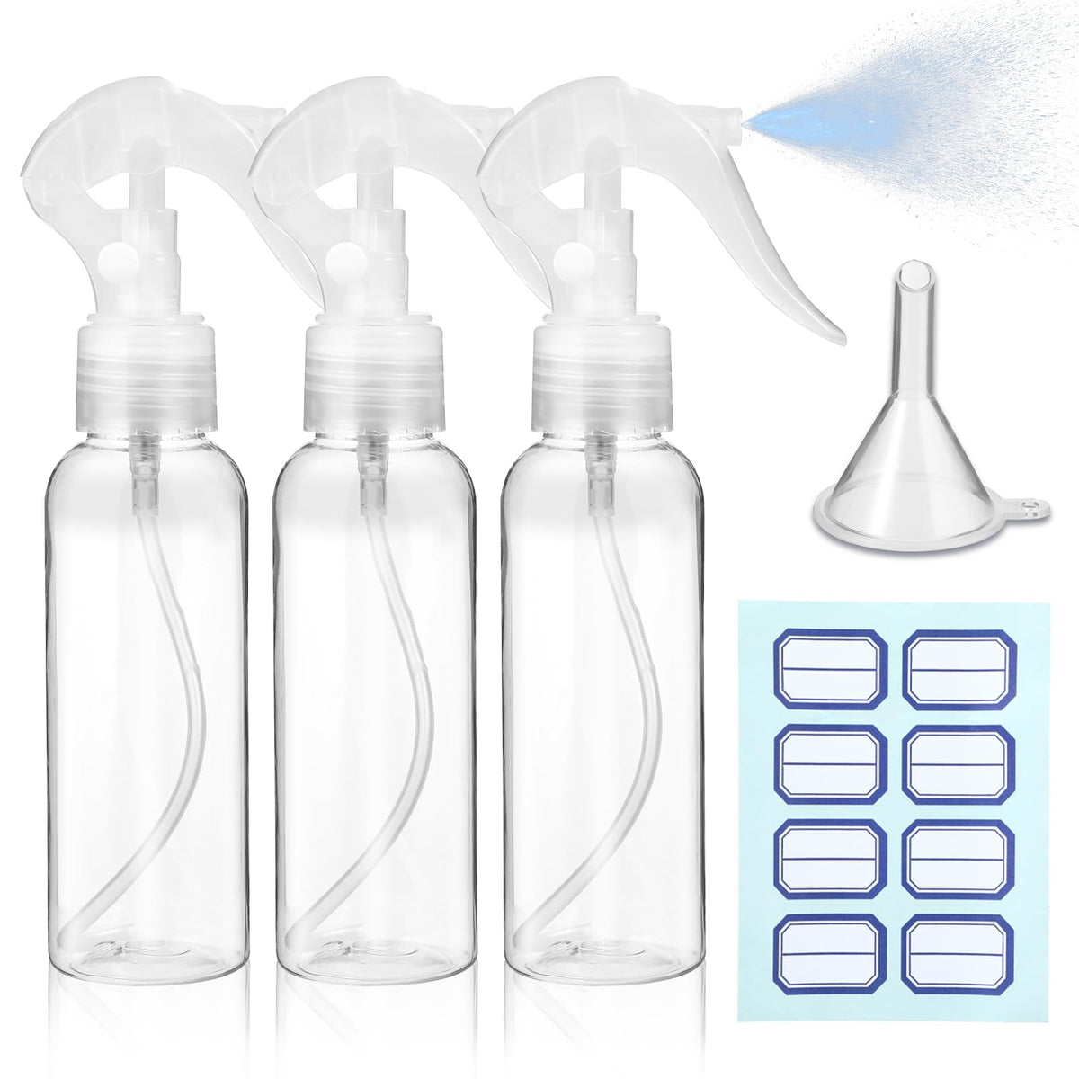 Gjinxi 3Pcs Plastic Spray Bottles, 3.38oz/100ml Empty Small Spraying Bottles, Clear Fine Mist Travel Mini Water Bottle Set, Refillable Liquid Container for Hair Essential Oil Plant Pet Cooking Clean