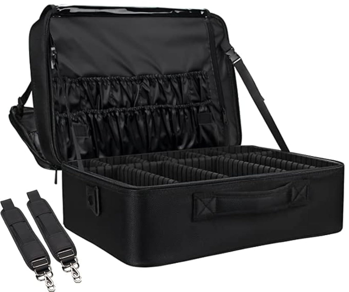 Relavel Travel Makeup Train Case, XL, Super Large Black, Cosmetic Bag with Adjustable Dividers and Water-Resistant Brush Slots, 16.54x13.0x6.3 inches, 2.90 kg