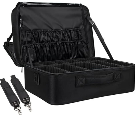 Relavel Travel Makeup Train Case, XL, Super Large Black, Cosmetic Bag with Adjustable Dividers and Water-Resistant Brush Slots, 16.54x13.0x6.3 inches, 2.90 kg