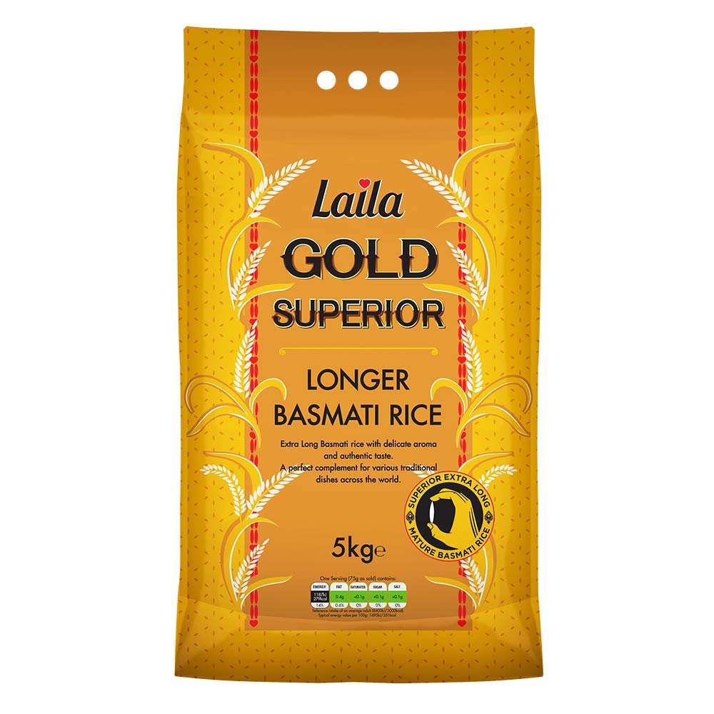 Laila Gold Superior Longer Basmati Rice 5Kg. Extra Long Basmati Rice with Delicate Aroma and Authentic Taste.