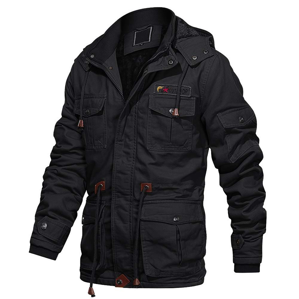 EKLENTSON Mens Casual Winter Fleece Jacket Coat Warm Cargo Jacket Outwear Multi Pocket with Detachable Hood Black