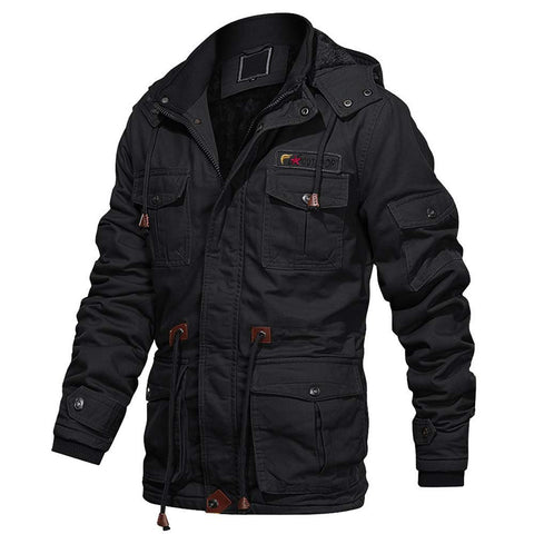 EKLENTSON Mens Casual Winter Fleece Jacket Coat Warm Cargo Jacket Outwear Multi Pocket with Detachable Hood Black