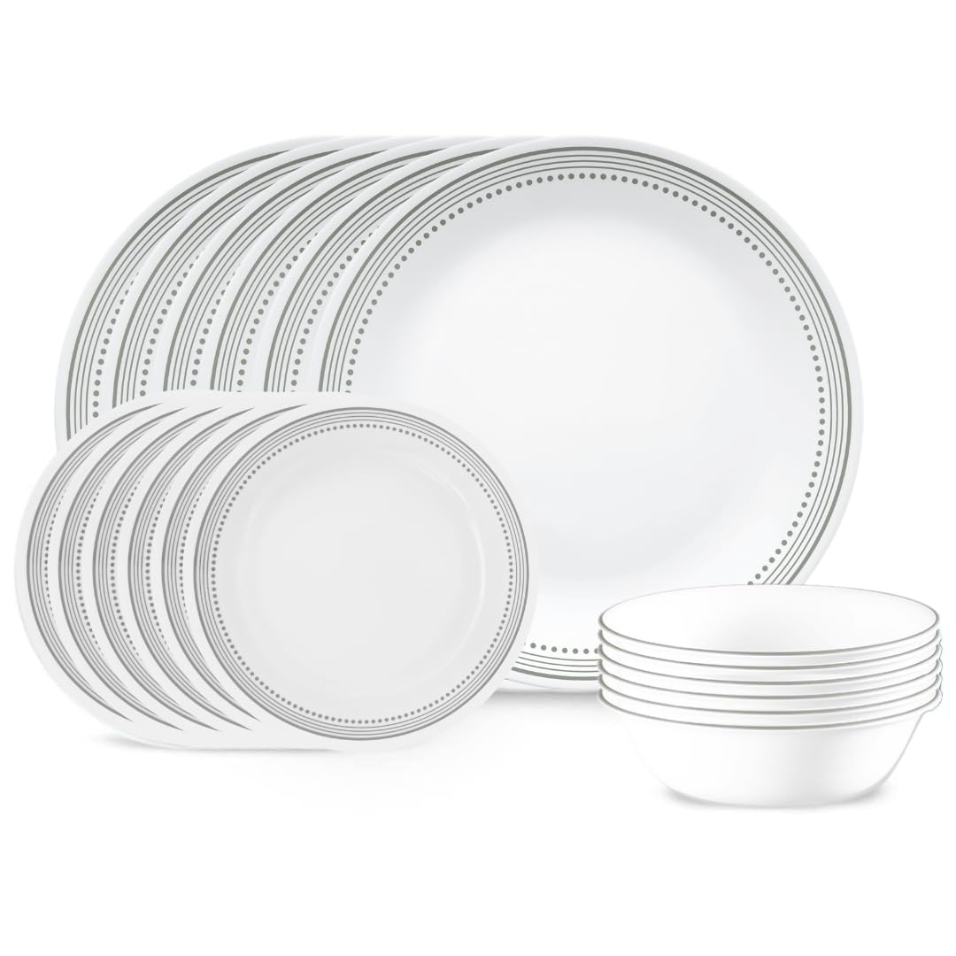 Corelle 18-piece Dinner Set, Mystic Grey, Service for 6, Chip Resistant Dinnerware, includes 26cm dinner plates, 17cm salad / side plates and 530ml soup / cereal bowls