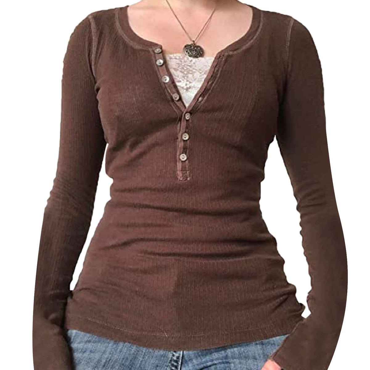 Y2K Women Lace Patchwork V-Neck Knitted Aesthetic Crop Tops Fall Long Sleeve Flim Fit Fairy Grunge Shirt E Girl Streetwear, Brown, Small