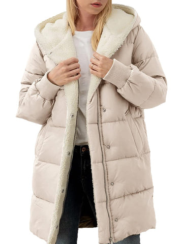 Ebifin Womens Winter Warm Coats Sherpa Fleece Lined Long Hooded Puffer Jacket, Beige, L