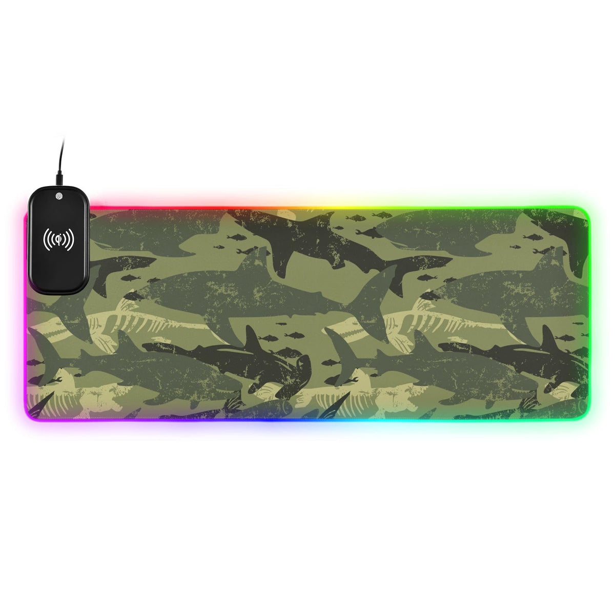 Camouflage Shark Wireless Charging Mouse Pad for Mobile Phone Extra Large Gaming Mousepad with 13 Lighting Modes Mouse Mat for Gaming MacBook PC Laptop Desk Home Office