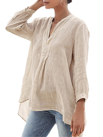 HanzhuoLG Women's Solid Color Loose Vneck Linen Shirt Fashion Irregular Front Long Back Short Lantern Sleeve Shirts Beige M