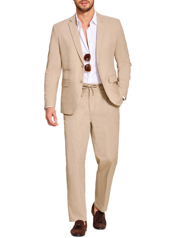 COOFANDY Men's 2 Piece Linen Suits Set Regular Fit Casual Lightweight Blazer Jacket and Pants Khaki