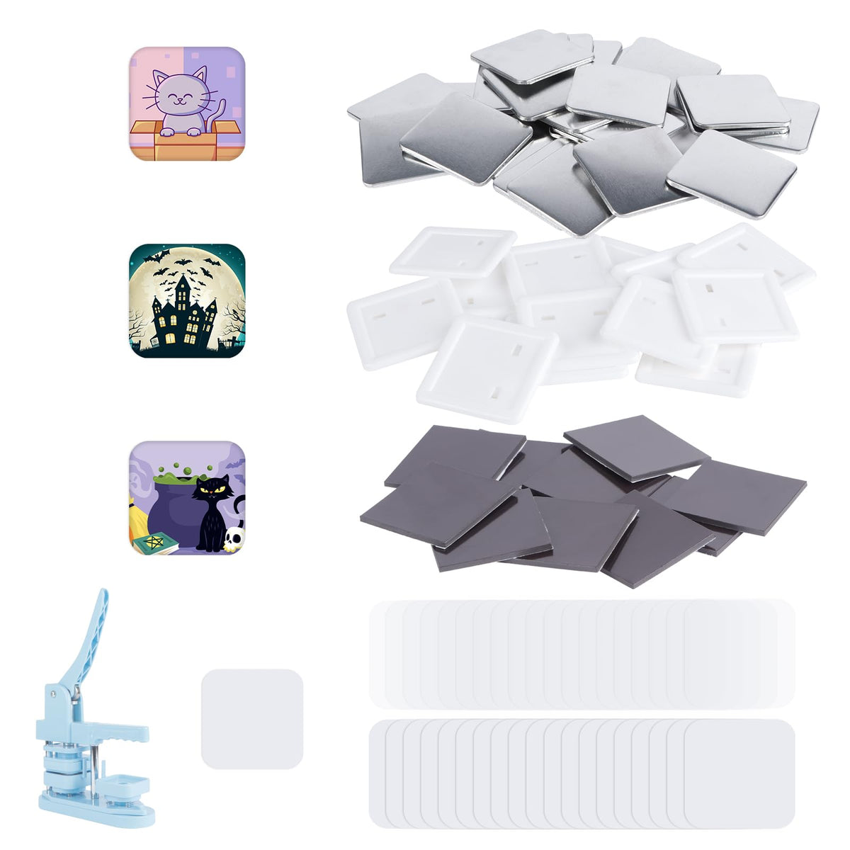100 Sets Square Button Parts?Fridge Magnet Button Maker Supplies for Square-Shaped Button Maker Machine 50mm?Including Metal Cover, Plastic Back Cover, Clear Film, Blank Paper, Soft Magnet