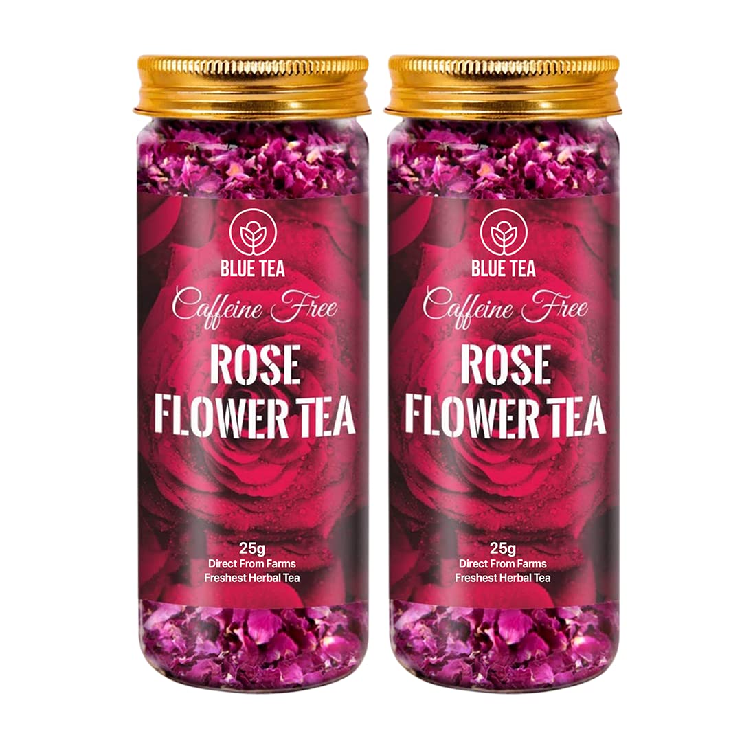 BLUE TEA - Rose Tea - 50 Gram (Pack of 2) | Farm Packed | Grade A Natural Sun Dried Rose Flower Petals | Herbal Tea | Recycled Food Grade Pet Jar |Caffeine Free |