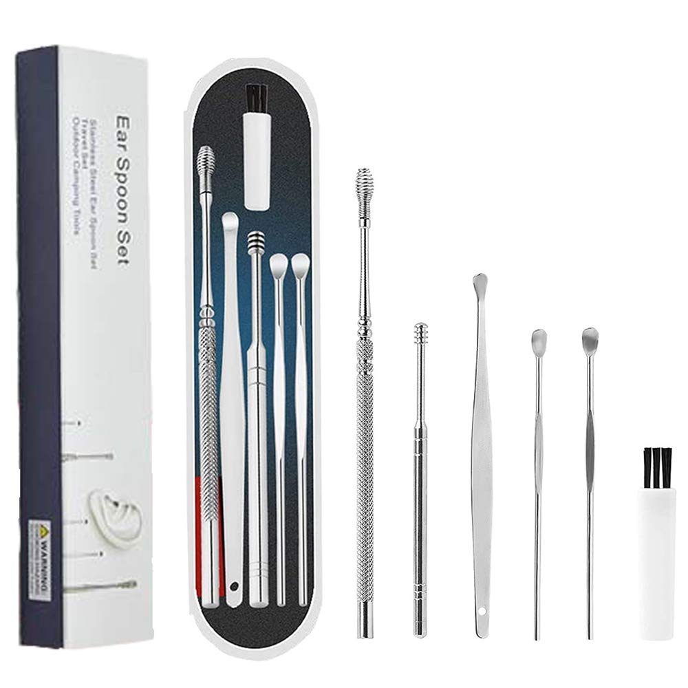 Ear Wax Removal Kit, 6 Pcs Ear Pick Earwax Removal Tool, Ear Cleansing Tool Set, Stainless Steel Ear Wax Remover with Storage Box, Reusable Ear Curette Wax Removal Set for Children & Adults
