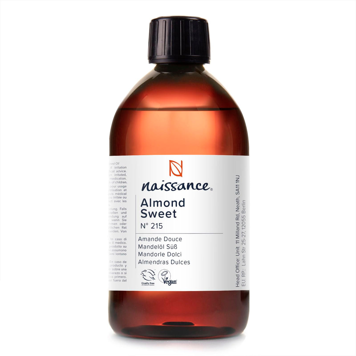 Naissance Sweet Almond Oil (no. 215) 500ml - for Skin, Hair, Massage, Nails, Cuticles, Ears, Face, Body, Stretch Marks - Natural Skin Care, Carrier Oil for Aromatherapy