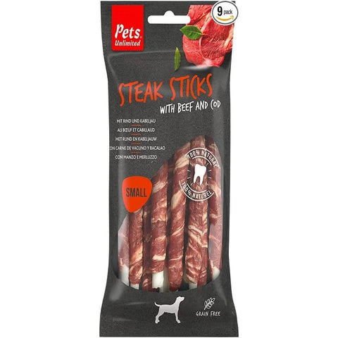 Pets Unlimited Small Steak Sticks, 90 gram pack, A premium meaty treat 100% natural with no artificial Colours flavours or preservatives