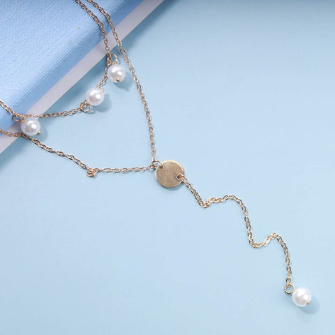 Yheakne Boho Layered Disc Pearl Necklace Gold Coin Pendant Necklace Long Y Lariat Necklace Chain Vintage Pearl Dangle Chain Necklace Jewelry for Women and Girls Gifts
