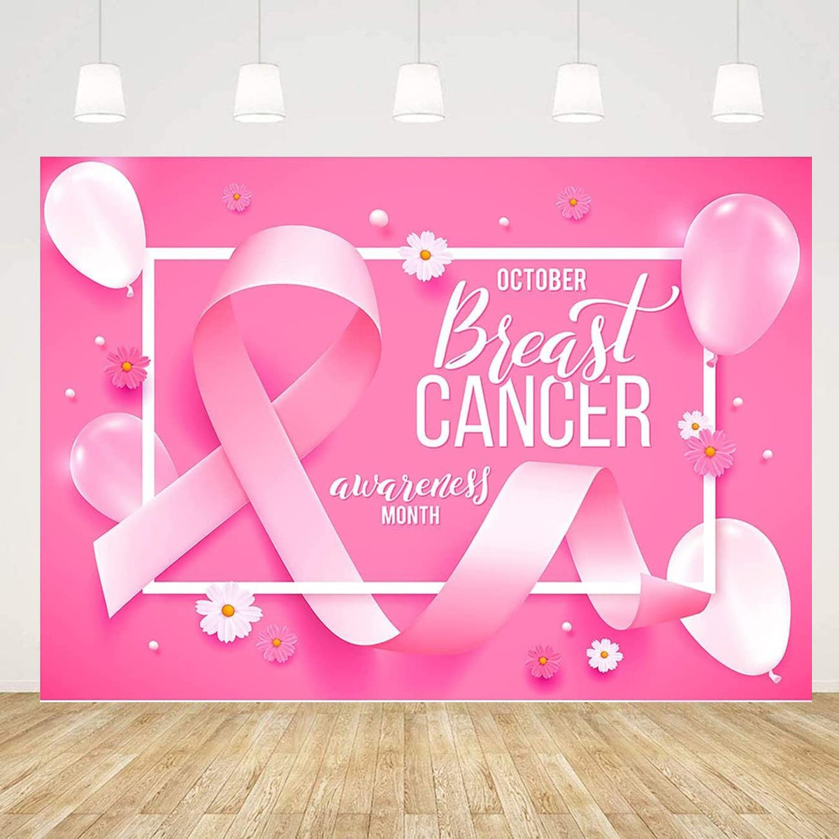 Breast Cancer Awareness Banner Backdrop Decorations Pink Ribbon Shapes Party Banner Breast Cancer Charity Activities Fundraising Gathering Yard Banner Sign (Background Sign) 3X5FT