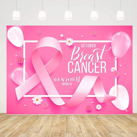 Breast Cancer Awareness Banner Backdrop Decorations Pink Ribbon Shapes Party Banner Breast Cancer Charity Activities Fundraising Gathering Yard Banner Sign (Background Sign) 3X5FT