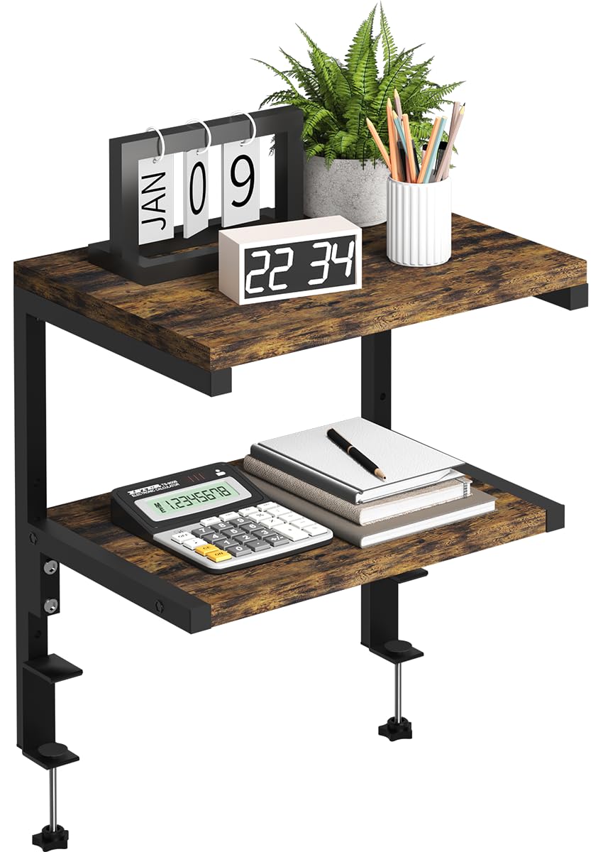 Mondazie Clamp on Desk Organizer Shelf, Heavy-Duty Desk Extender Side Table with 2-Tier Adjustable Storage Shelves for Desktop Accessories, Gaming Devices, Black