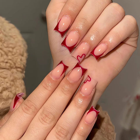 SINSEN Short Square Fake Nails, 24pcs Red French Tip Press on Nails Full Cover Cute Heart Glue on Nails Wine Red Tips Nail Art Decorations Glossy Stick on Acrylic False Nails for Women and Girls