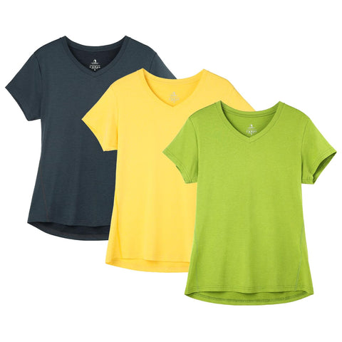 icyzone Workout Shirts Yoga Tops Activewear V-Neck T-Shirts for Women Running Fitness Sports Short Sleeve Tees (Ombre Blue/Spectra Yellow/Green Glow, XL)