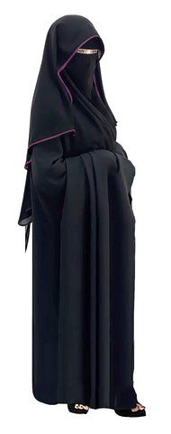 Saudi Chiffon First Class Quality Long Saudi Niqab Burqa Hijab Face Cover Veil Islam Islamic Jilbab (Black x Dark Purple Satin)