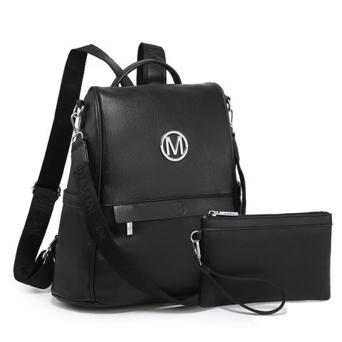 MKP Women Fashion Backpack Purse Multi Pockets Signature Anti-Theft Rucksack Travel Ladies Shoulder Bag Handbag 2Pcs, Black/Black, Modern