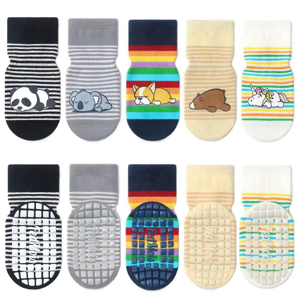 FedMois 5 Pairs Baby Kids Anti-slip Socks Cotton non skid Ankle Socks Animals, Animals, 0-1 Year