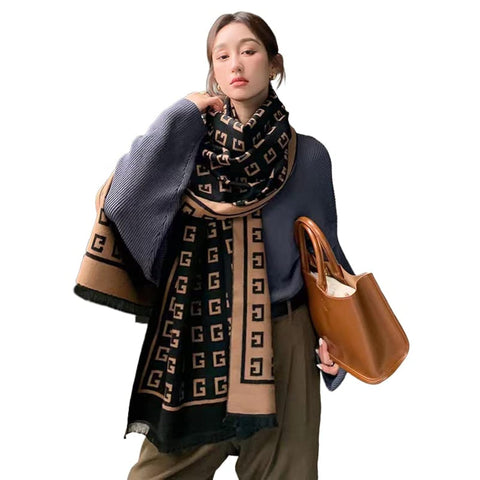 Modern Geometric Pattern Pashmina Shawl Wraps, Long Cashmere Scarf with Letter G Print, Women's Cold Weather Scarves Wraps, Color 03