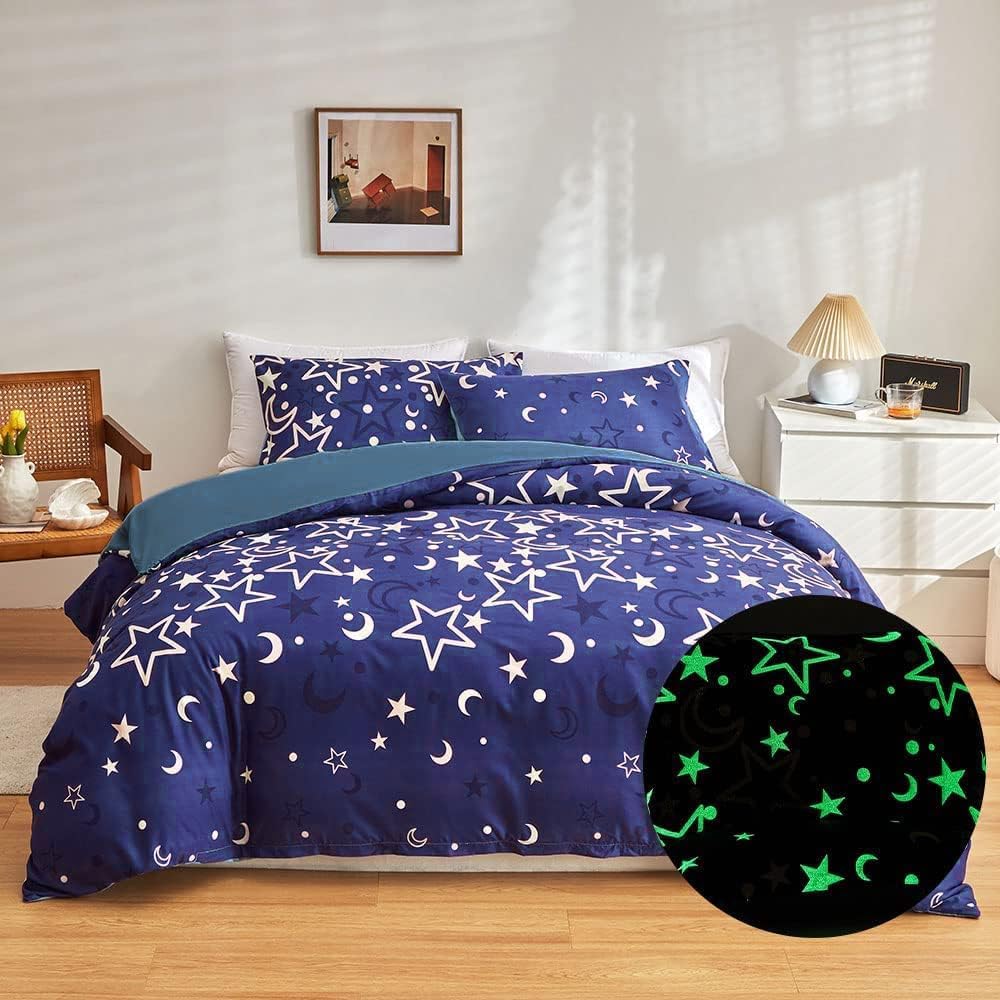 Loussiesd Galaxy Glow in The Dark Duvet Cover for Girls Kids King Blue Universe Starry Night Bedding Set Super Soft Outer Space Stars Moon Comforter Cover Set Glow